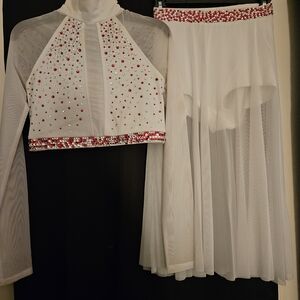Weissman Dance Costume Elegant White and Red Rinestone Embellished Top and Skirt